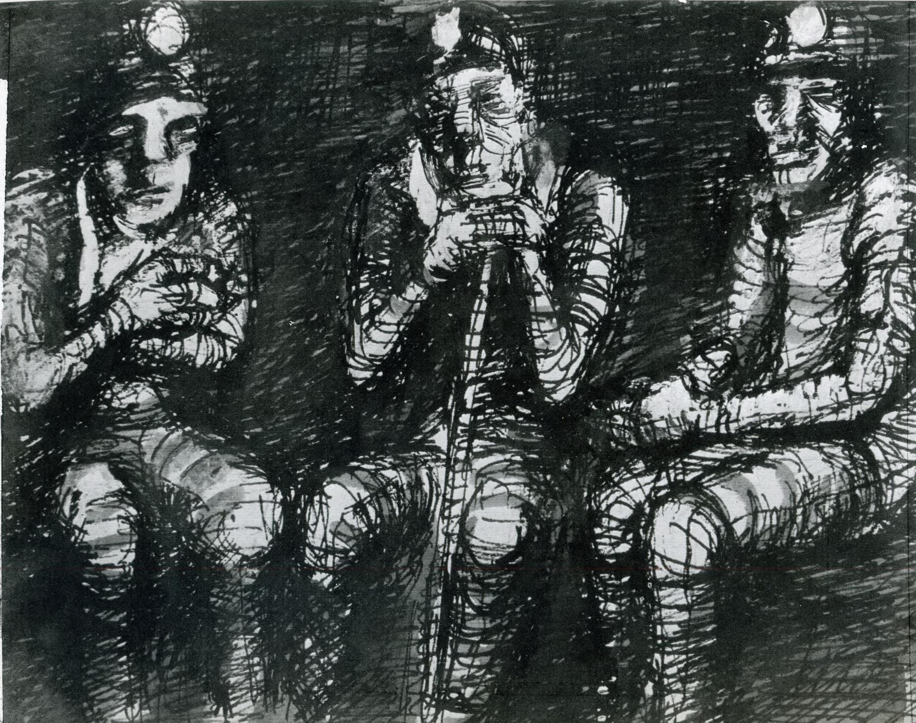 도미야마 다에코(富山妙子), 앉아 있는 세 명의 광부 | 座る3人の鉱夫, 리토그래프, 1955년