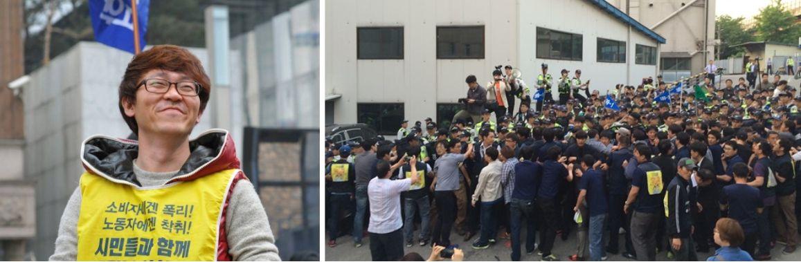 설명: 약 300명의 경찰이 장례식장에 난입해 스스로 목숨을 끊은 염호석 열사(왼쪽)의 시신을 탈취했다.