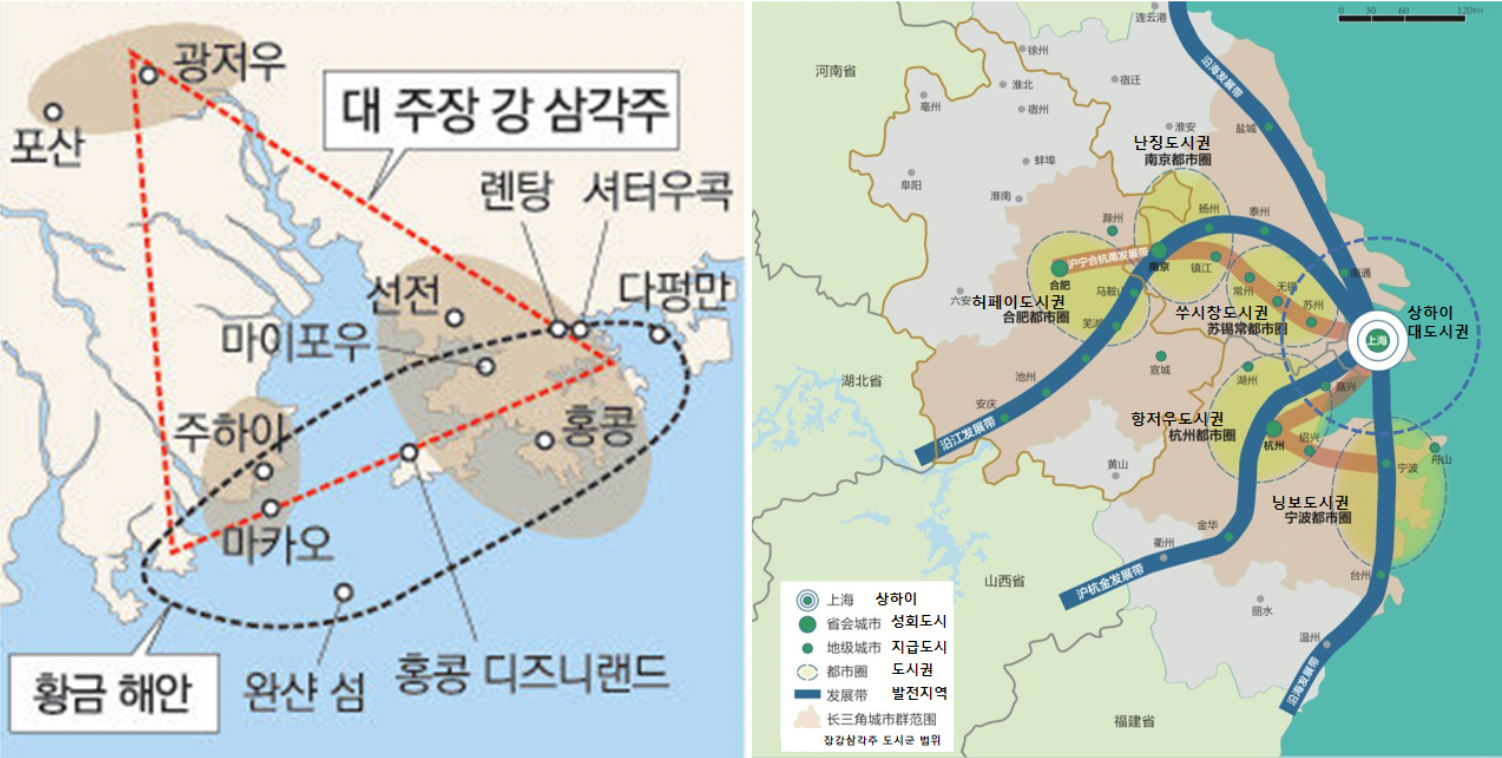 광둥성 주강 삼각주(좌)와 저장성 장강 삼각주(우)